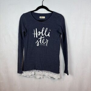 Hollister Womens Waffle Knit Lace Trim Logo Spell out Long Sleeve Tee Size Small